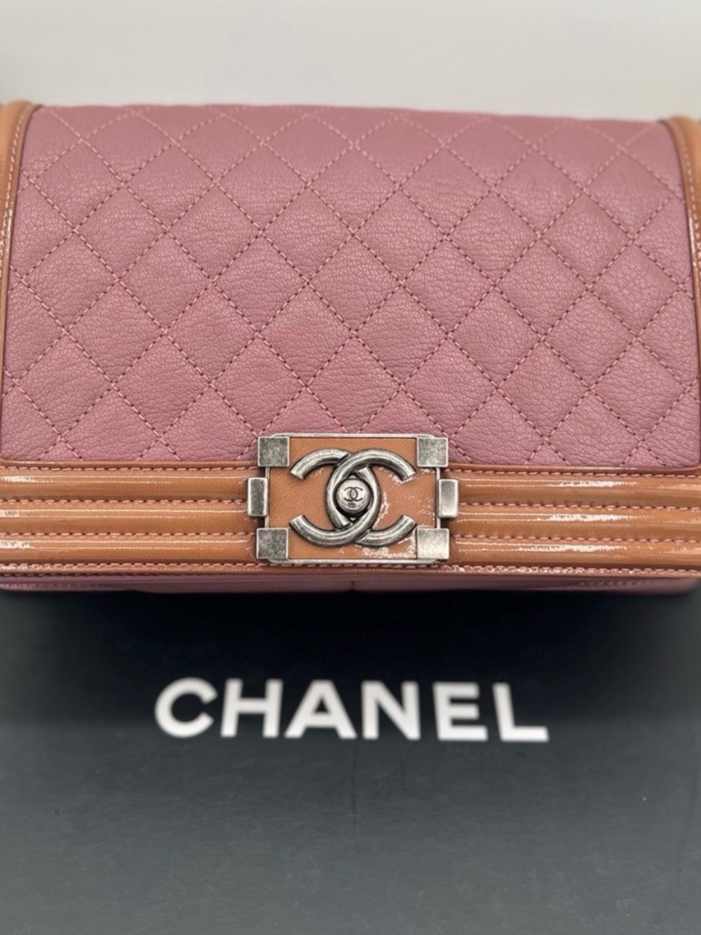 CHANEL Duo Boy Small Goatskin Crossbody in Pink and Tan